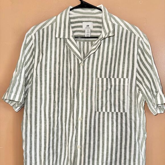 H&M Men's Linen Blend Short Sleeve Button Down T-Shirt Tee Green White - Medium - Picture 8 of 9